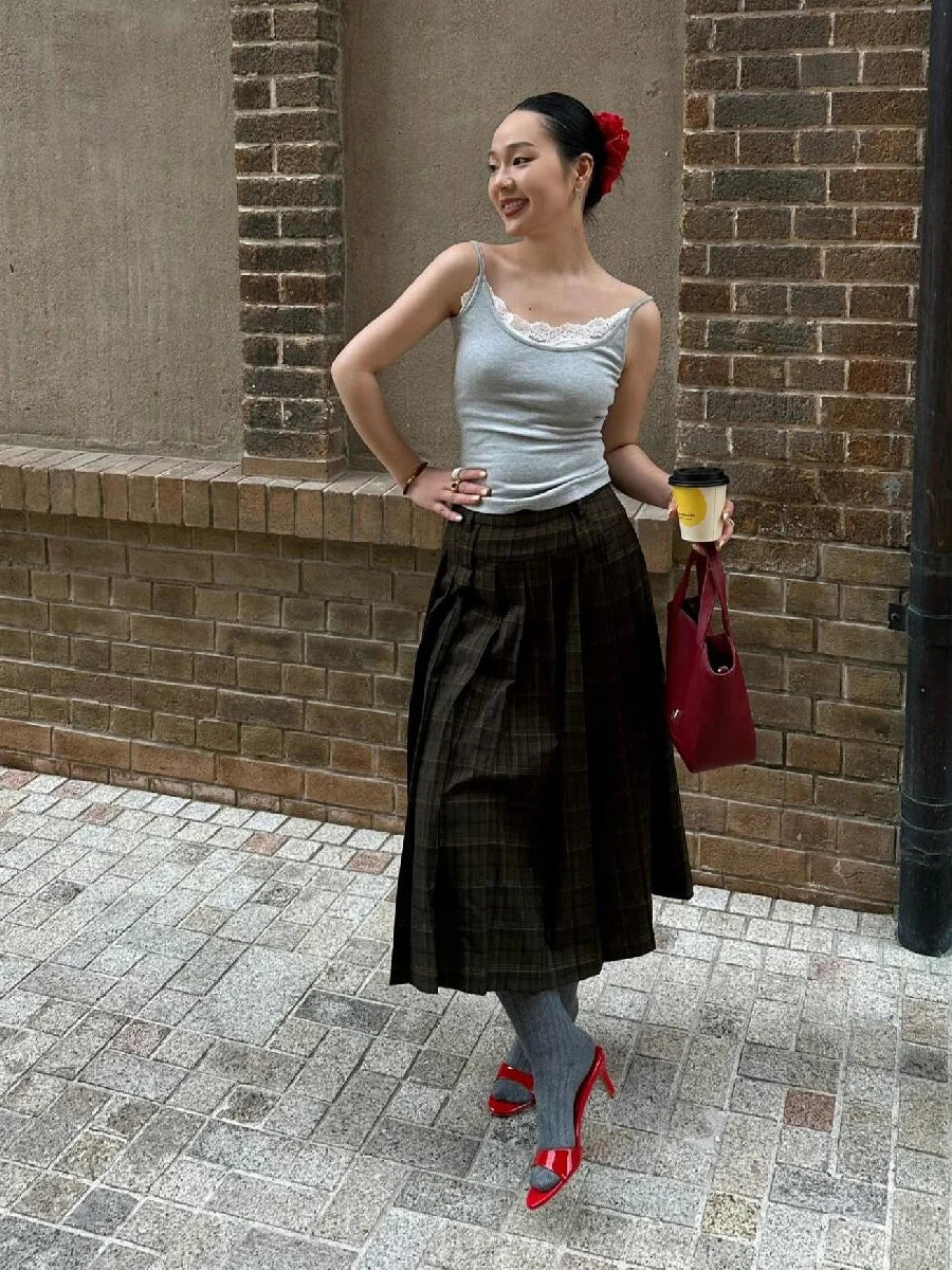 Aiertu - Women Midi Long Plaid Skirt Vintage Green High Waist Loose A-line Pleated Skirt School Uniform Casual Autumn Clothes Aiertu