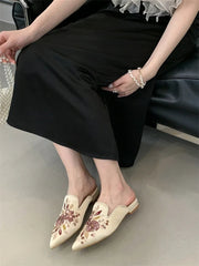 Aiertu - Summer Pointed Toe Women Slippers Fashion Vintage Embroidery Square Low Heels Party Dress Mules Shoes Aiertu