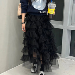 Aiertu - Perspective Splicing Lotus Leaf Edge Faldas Mujer Moda Korean Fashion Clothing Midi Skirt Jupe Long Pleated Mesh Skirts Vintage Aiertu