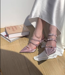 Aiertu Bling Bling Pink Pointed Toe Sandals Stiletto High Heels Strappy Rhinestone Buckle Slip On Cutouts Sexy Women Dress Slippers Aiertu
