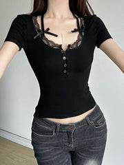 Aiertu - summer inspo Halter Neck Lace Trim Bow Cute Black Y2K T-Shirt Women Button Up Slim Short Sleeve White Tees Sweet Balletcore Clothing Aiertu