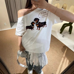 Aiertu - Summer New Pearl Necklace Dachshund Dog Print Short Sleeve T-Shirt Slash Shoulder Top Women Aiertu