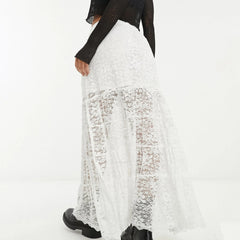 Aiertu - Summer Sexy Solid Color Lace Skirt Elastic Waist Mesh Sheer A-Line Long Skirts with Lined for Women Aiertu