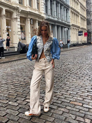 Aiertu - Chic V-neck Printed Patchwork Shirts Women Elegant Single Breasted Long Sleeve Blouse 2026 Casual Lady High Street Tops Aiertu