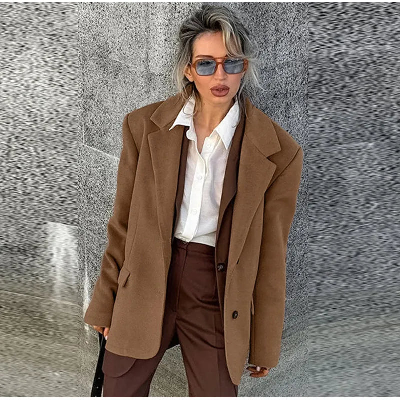 Aiertu - Vintage Woolen Lapel Blazer Coats Women Loose Single Breasted Fake Pockets Jacket 2026 Autumn New Female Commute Tops Streetwear Aiertu
