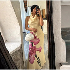 Aiertu - Retro Print Hang Neck Long Dress Women Elegant Sleeveless Backless Female Dresses Summer Sexy Slim Lady Evening Party Robe Aiertu