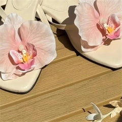 Aiertu - Flower Decoration Shoes for Womens Square Toes Solid Flat Heels Sewing Lines Zapatos Mujer PU Ladies Front Strap Chassure Femme Aiertu