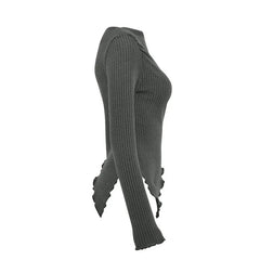 Aiertu - layered look inspo Y2K Grunge Asymmetrical Neck Knitted Sweater Women Sexy Off Shoulder Long Sleeve Rib-Knit Tee Solid Slim Short Pullover Aiertu