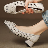 Aiertu women's hollow-out cow leather slip-on summer breathable pumps crystal buckle elegant ladies 4cm thick med heel shoes Aiertu