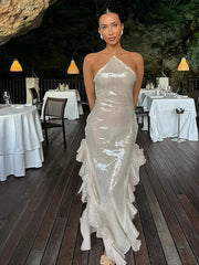 Aiertu - Glossy Sequins Halter Evening Halter Dresses Women Fashion High Waist Mesh Tassel Slim Split Long Dress 2026 New Party Club Robe Aiertu