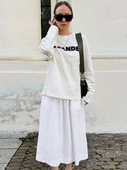 Aiertu - Solid Cotton Linen Elastic High Waist Maxi Skirt Elegant Ankle-length Pleated A-line Skirts Fashion Mid-calf Length Skirts Aiertu