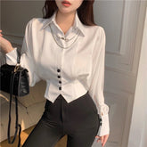 Aiertu Elegant Cropped White Shirts Women Korean Fashion Black Batwing Long Sleeve Blouses Office Ladies Basic Chic Tunic Tops Aiertu