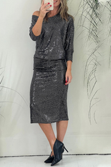 Aiertu - Party Solid Sequins Oblique Collar Long Sleeve Dresses Aiertu