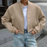 Aiertu - Casual Short Bomber Coats Women Loose O-neck Long Sleeve Single Breasted Jacket 2026 Autumn New Lady Vintage Solid Tops Outwear Aiertu