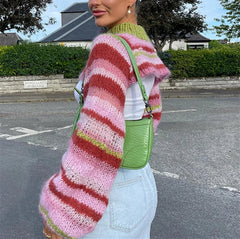 Aiertu - Fall Outfits 2026 Color Striped Cropped Sweater Women Spring Autumn O Neck Long Sleeve Jumper Tops 2026 New Streetwear Fashion Knitted Cover-ups Aiertu