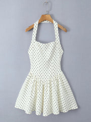 Aiertu - Backless Halter Polka Dot Dress For Women Plunge Bodycon Party Dress Sleeveless Elegant Chic MIni Pleated Dress A-line Aiertu
