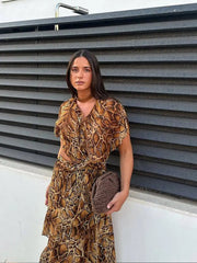 Aiertu - Women Fashion Printed Hollow Waist Split Midi Dress Elegant Irregular Ruffle Hem Short Sleeve Dresses 2026 Lady High Street Robe Aiertu