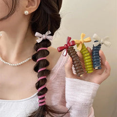 Aiertu Korean Telephone Wire Bowknot Hair Loop for Woman Girls High Elastic Head Rope Ponytail Elastic Hair Ties Hair Accessories Aiertu