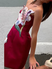 Aiertu - Women Elegant Strapless Flower Collage Dress Sexy Sleeveless Waist Slim Short A-Line Dress Fashion Temperament Mini Party Dress Aiertu