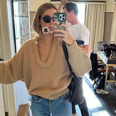 Aiertu - Fashion Casual Round Knit Sweater For Women Solid Color Loose Autumn 2026 New Pullovers Long Sleeve Female Knitted Top Aiertu