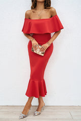Aiertu -Sexy Prom Solid Color Ruffle Off Shoulder Fishtail Dresses aiertu