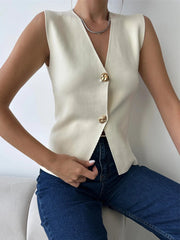 Aiertu - V Neck Button Knit Vest For Women 2025 Sleeveless Casual Street Solid Cardigan Tank Top Femme Vintage Basic Vest Female Aiertu