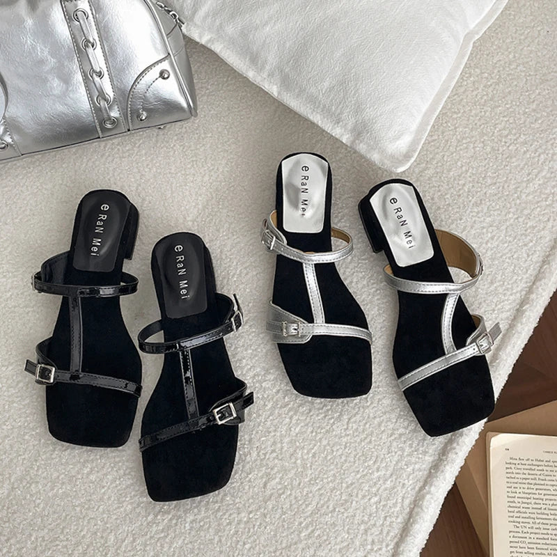 Aiertu - Summer Women Fashion Open Toe Slippers Casual Thick Heel Beach Vacation Slides Party Dress Shoes Aiertu