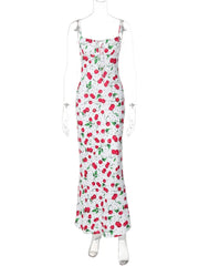 Aiertu - Woman Clothing Cherry Pattern Printed White Slip Dress 2026 Girls Sleeveless Lace-up High Waist Slim Long Holiday Party Dresses Aiertu