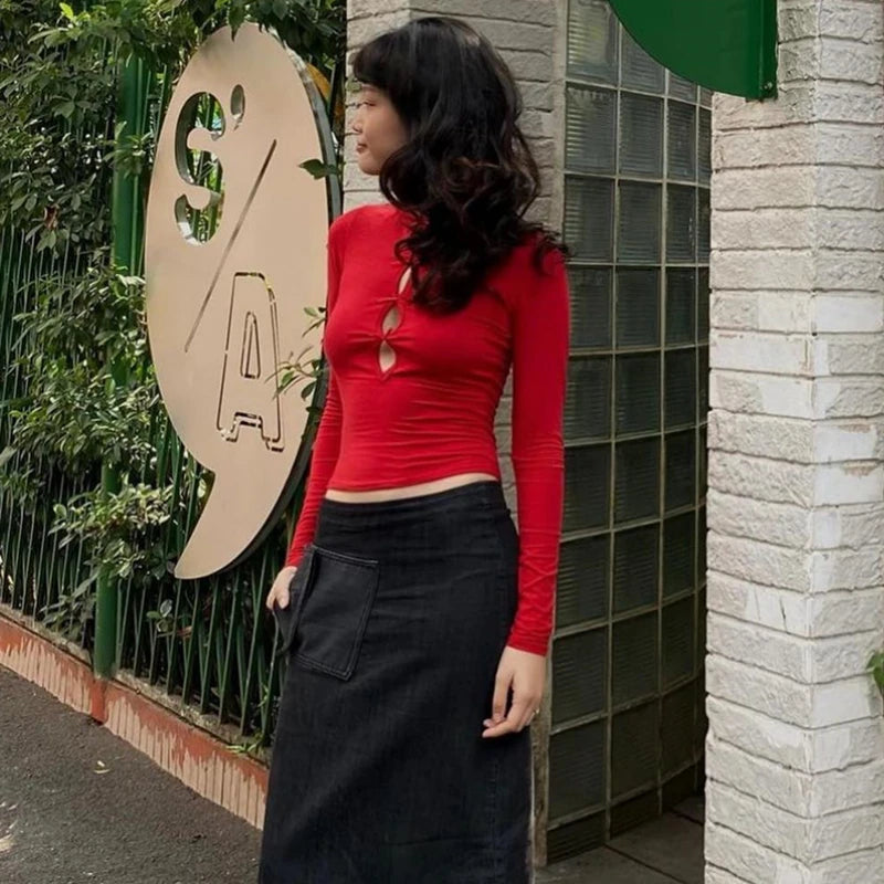 Aiertu - Streetwear Hollow Out T Shirt Women Clothes Long Sleeve Korean Fashion Slim Autumn Tops 2000s Clothes Y2k Tees Female Aiertu