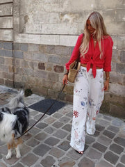Aiertu - Autumn Embroidery Women Cotton Long Pants Drawstring Casual Wide Leg White Trousers 2026 Boho Marine Organism Pants Aiertu