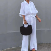 Aiertu - Elegant Lapel Button Shirts & Long Pant Suits Women Casaul Short Sleeve Solid Outfits Fashion Cotton Linen Lace-up Loose 2Pc Set Aiertu