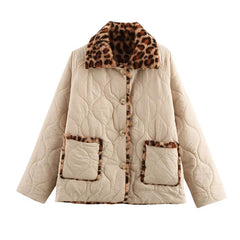 Aiertu - Fashion Double-Side Beige and Leopard Quilted Cotton Jacket For Women Winter Turn-down Collar Single-breasted Pocket Outerwear Aiertu