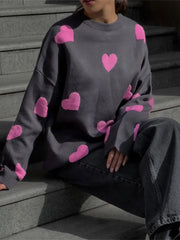 Aiertu - Love Heart Printed Knitted Sweater Pullover Tops Fashion O Neck Thickened Long-sleeved Sweaters Women Oversized Street Jumper Aiertu