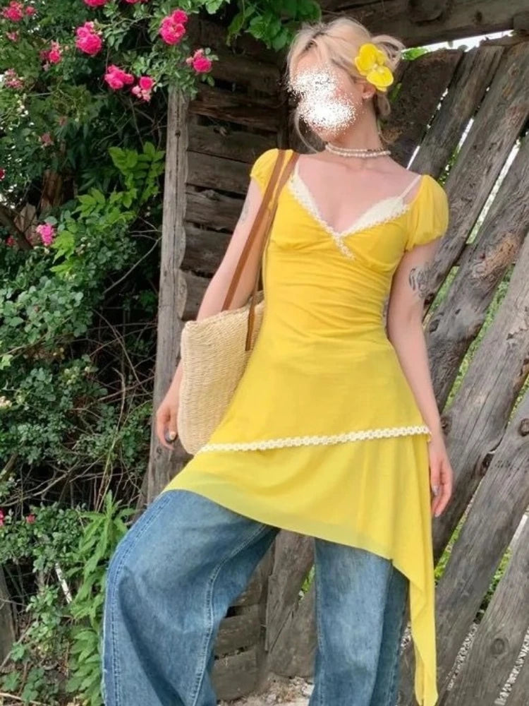 Aiertu Summer Lace Patchwork Y2k Aesthetic Dresses Streetwear Women Irregular Grunge Dress Harajuku Puff Sleeve Sweet Mini Vestidos Aiertu