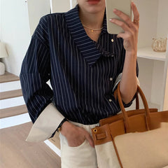 Aiertu - Blusas De Mujer Retro Irregular Neck Contrasting Striped Shirts Blouse Spring New Tops Roupas Femininas Chic Loose Shirt Aiertu