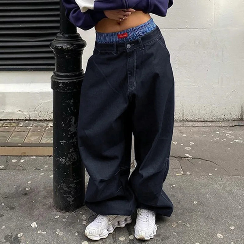Aiertu - Harajuku Street Fashion Women Baggy Jeans Fold Detail Y2K Oversized Denim Pants Hip Hop Loose Sweatpants Dark Blue Aiertu