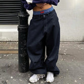 Aiertu - Harajuku Street Fashion Women Baggy Jeans Fold Detail Y2K Oversized Denim Pants Hip Hop Loose Sweatpants Dark Blue Aiertu