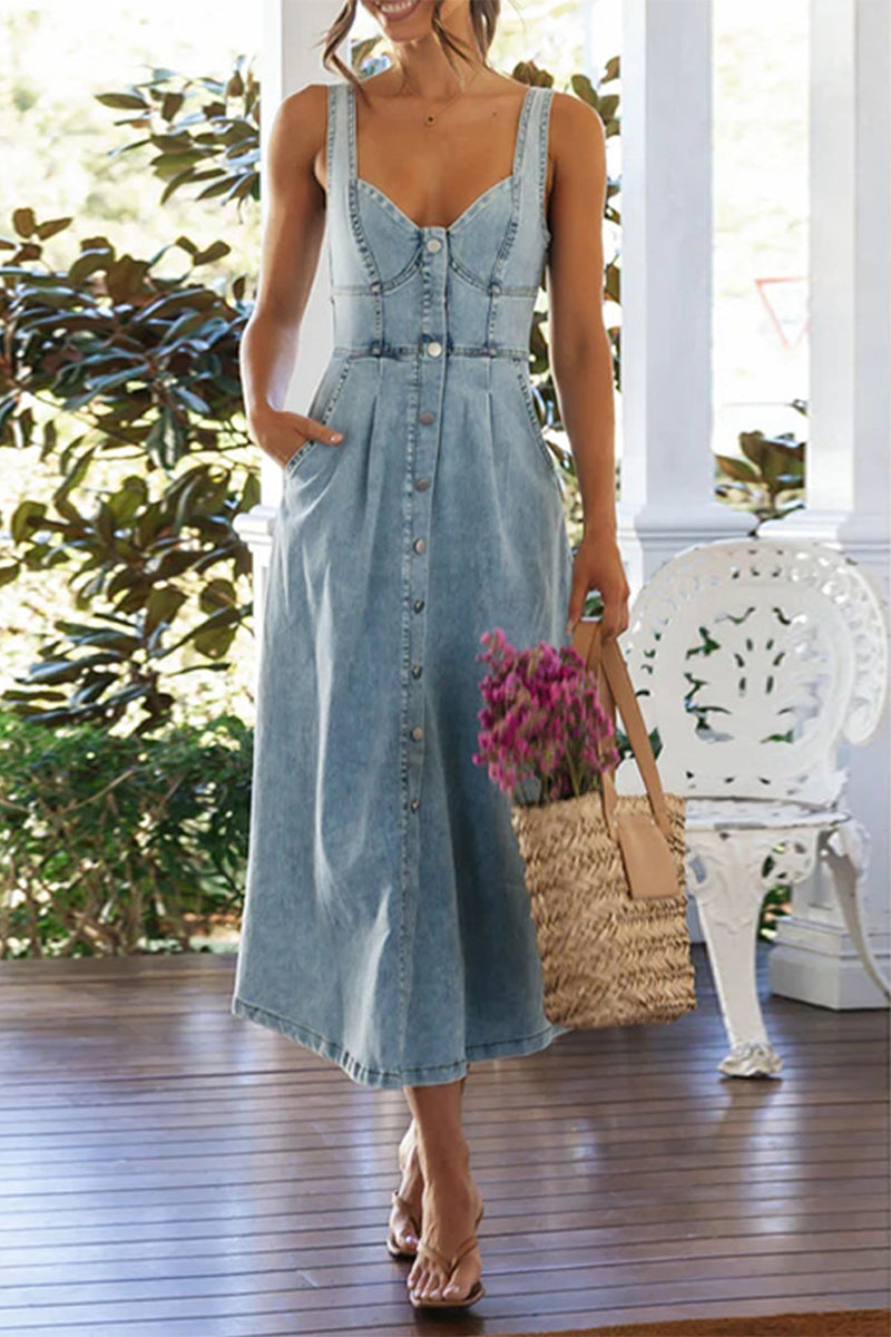 Aiertu -Elegant Solid Color Buttons Patchwork V Neck Sleeveless Denim Dresses aiertu