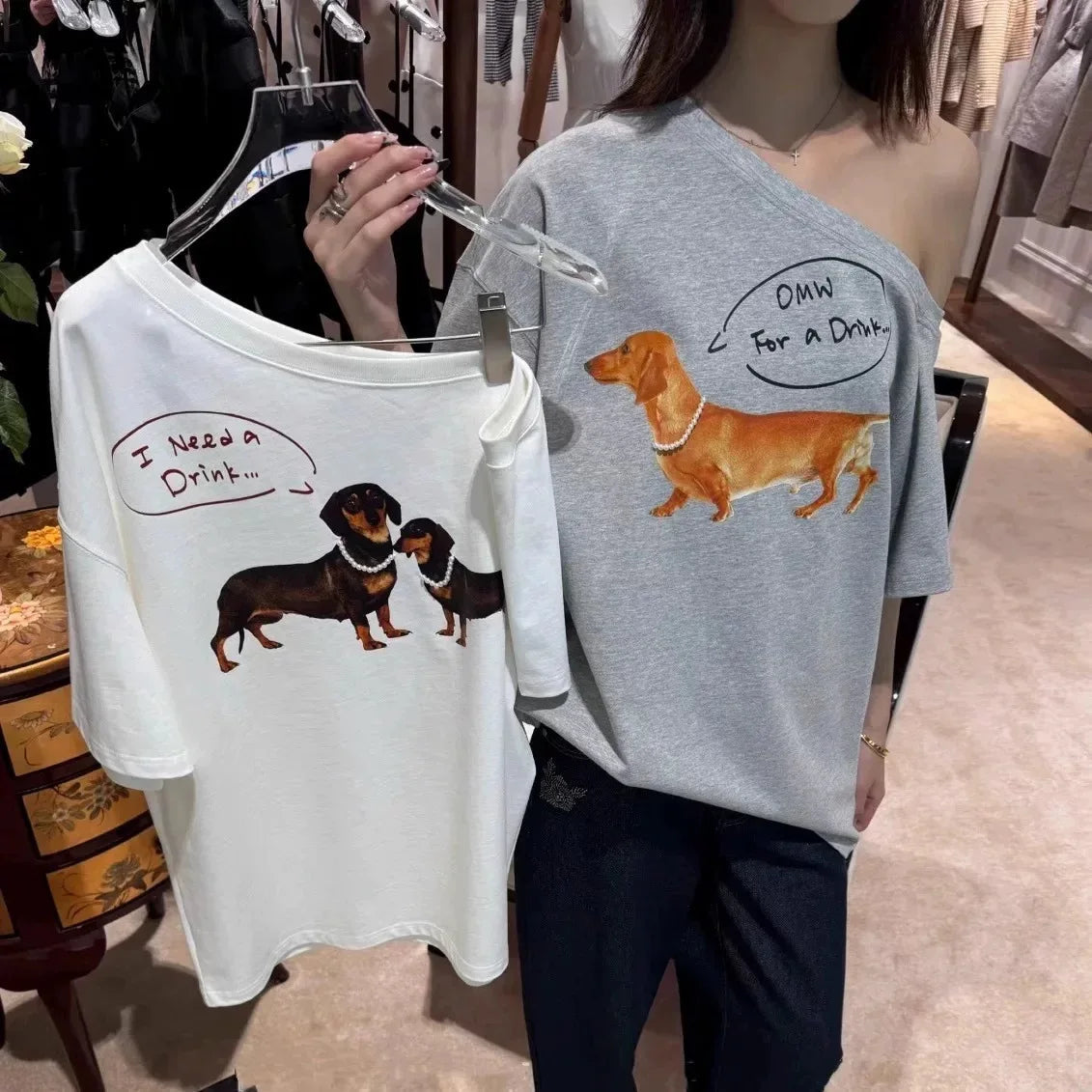 Aiertu - Summer New Pearl Necklace Dachshund Dog Print Short Sleeve T-Shirt Slash Shoulder Top Women Aiertu
