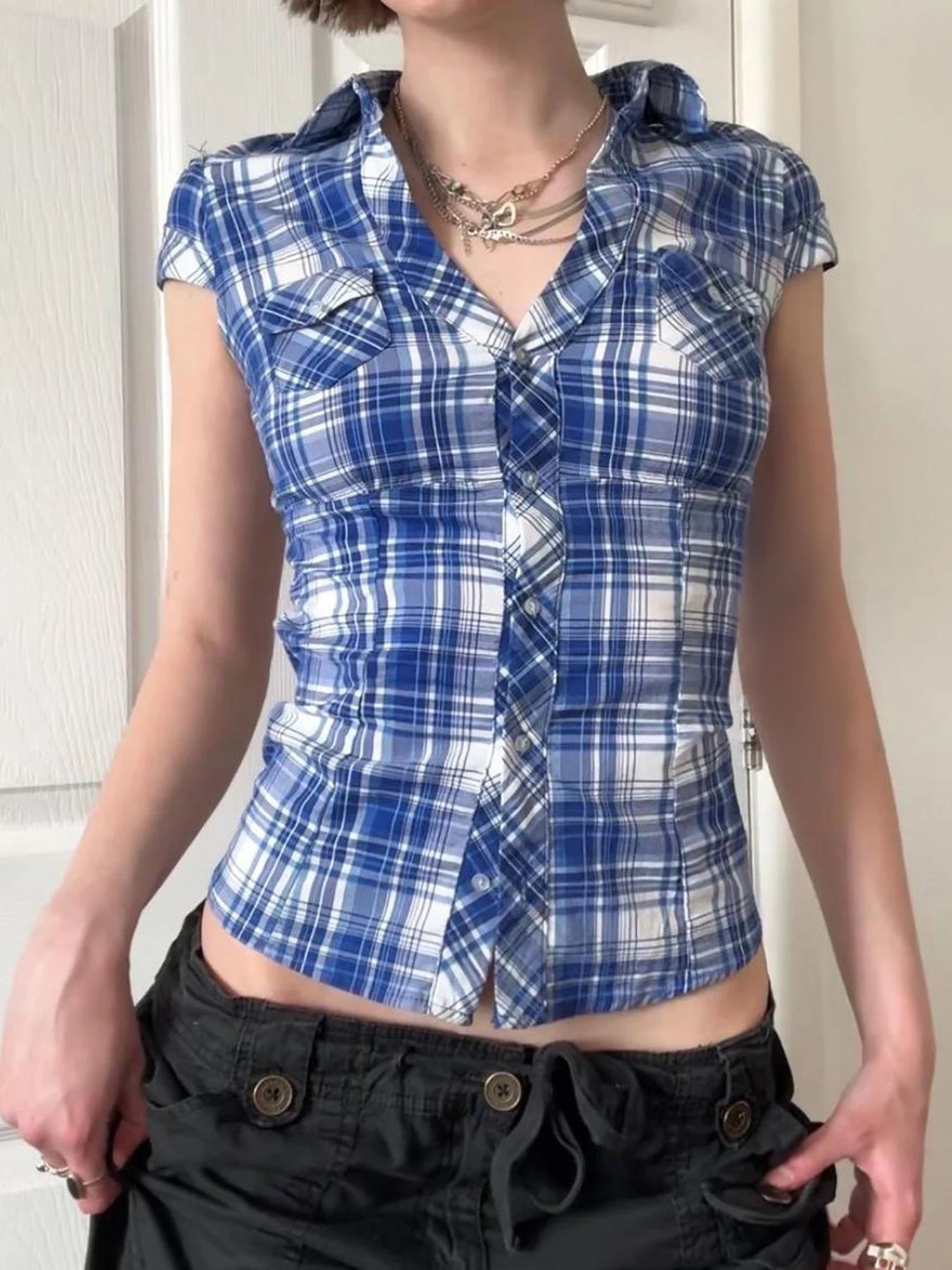 Aiertu Plaid Patchwork Slim Fit Single Button Women’s Shirts Causal Basic Chic New Summer Short Blouses Aiertu
