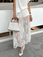 Aiertu - Lace Jacquard Transparent Long Skirt Women Elastic Waist White Hollow Out Sheer Midi Skirts Streetwear Sexy Elegant Faldas New Aiertu