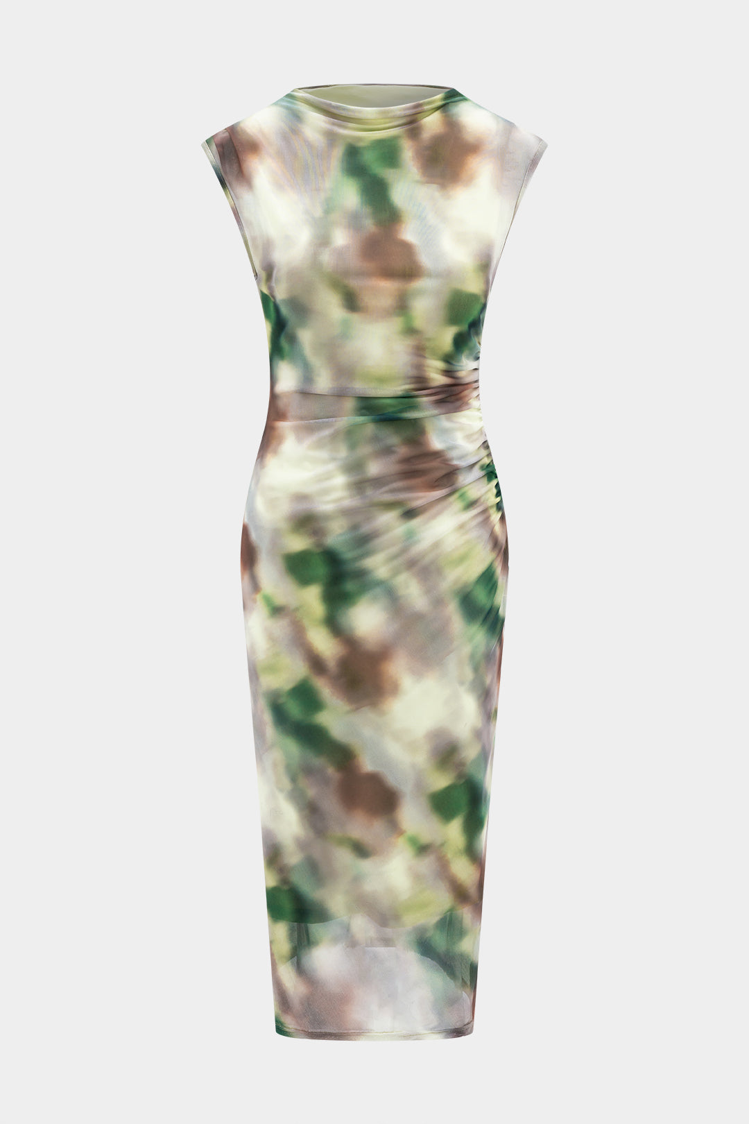 Aiertu -Ombre Pattern Mesh Ruched Flutter Sleeve Midi Dress aiertu