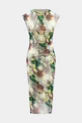 Aiertu -Ombre Pattern Mesh Ruched Flutter Sleeve Midi Dress aiertu