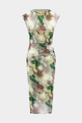 Aiertu -Ombre Pattern Mesh Ruched Flutter Sleeve Midi Dress aiertu