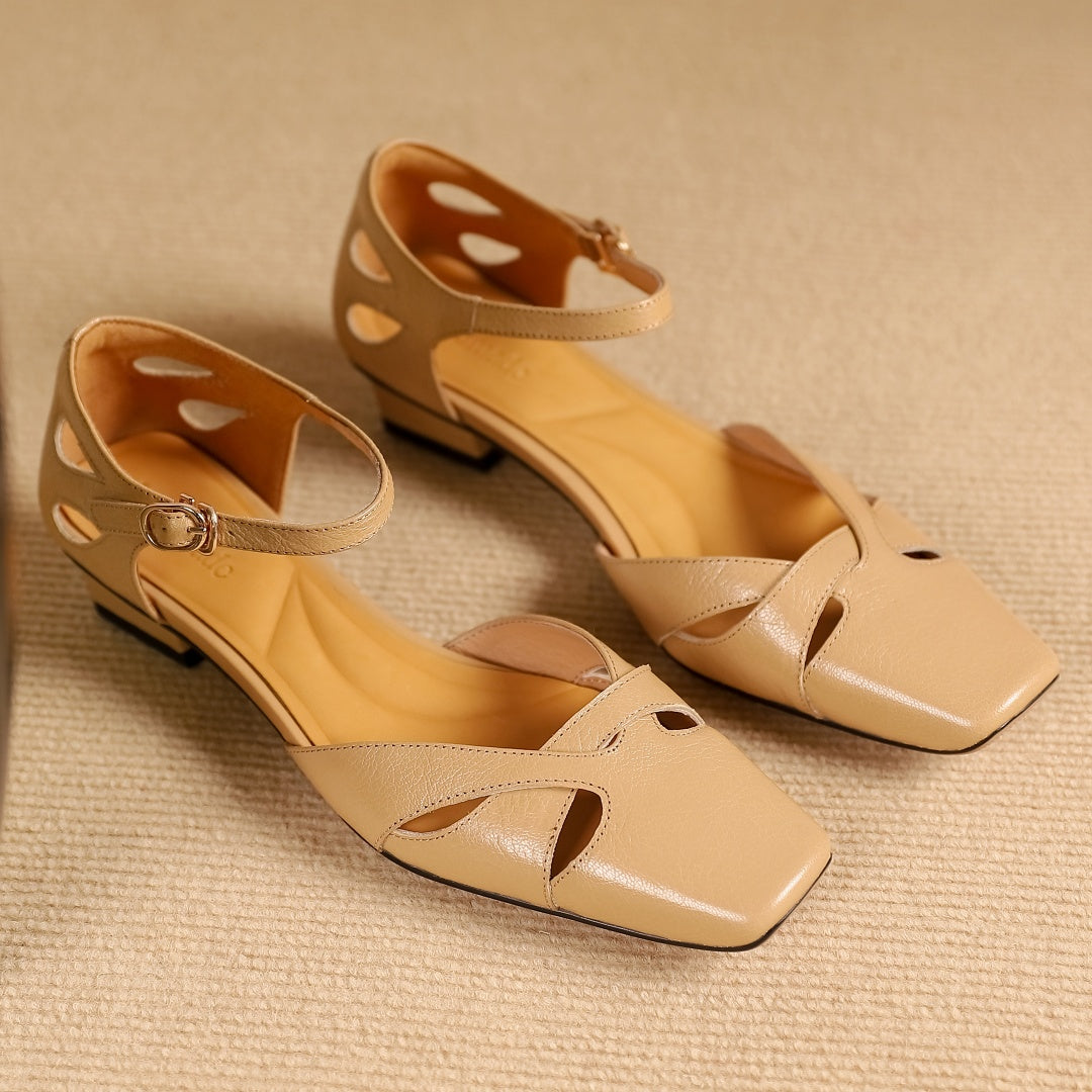Aiertu - Plus size 34-41 women's genuine leather hollow-out ankle strap flats sandals elegant ladies slim daily dress shoes for woman hot Aiertu