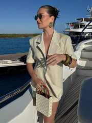 Aiertu - Mid Length Linen Suit Jacket Coat Skirt Set Waist Horizontal Line Design Satin Short Sleeve Baggy Wide Outwear Top Formal Attire Aiertu