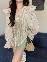 Aiertu - Autumn Chic Sweet Blouses Women Printed Full Sleeve New V-Neck Slim Loose Daily Elegant Office Lady Florals Aiertu