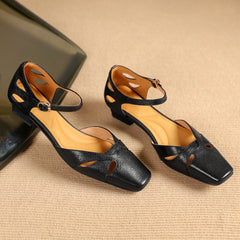 Aiertu - Plus size 34-41 women's genuine leather hollow-out ankle strap flats sandals elegant ladies slim daily dress shoes for woman hot Aiertu
