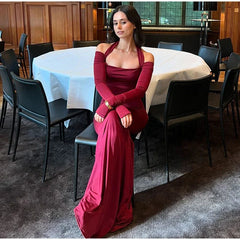 Aiertu - Sexy Solid Women Halter Dress Off Shoulder Long Sleeve Backless Slim Female Maxi Dresses 2025 Spring New Chic Elegant Lady Robe Aiertu