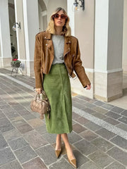 Aiertu - New Green Suede Chic Autumn Women Skirt Zipper High Waist Fashion Long Skirts Slit Eleagnt Lady Straight Skirt Winter New Aiertu
